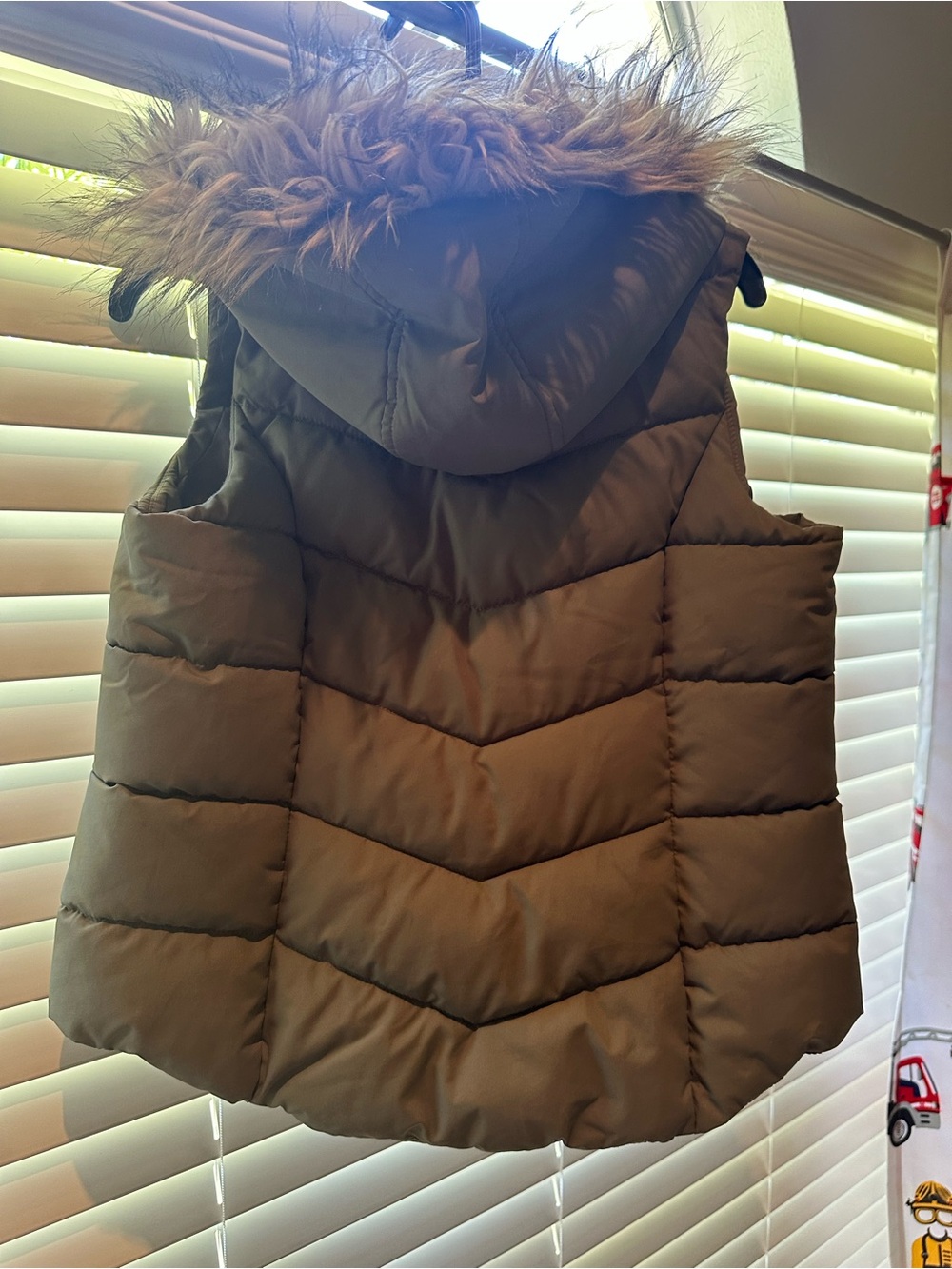 H&M Olive Green Puffer Vest with Faux Fur Hood